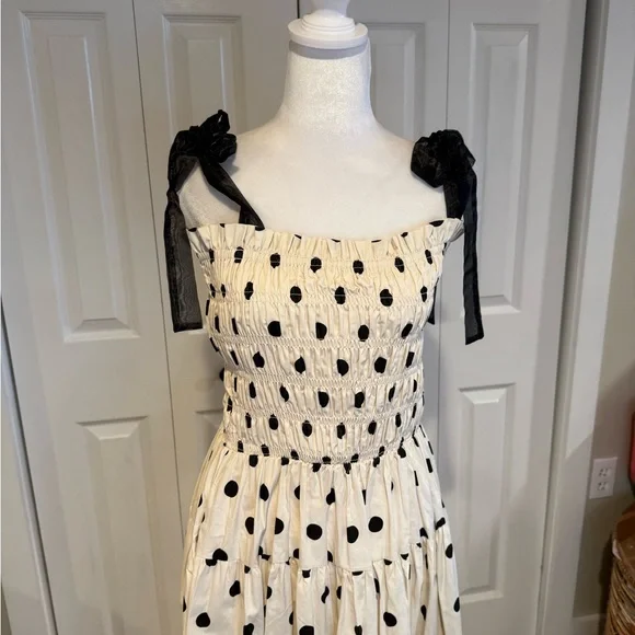 En Saison,  NWT Polka Dot Smocked Midi Dress Bow Strap Pockets, Size M - Picture 4 of 13